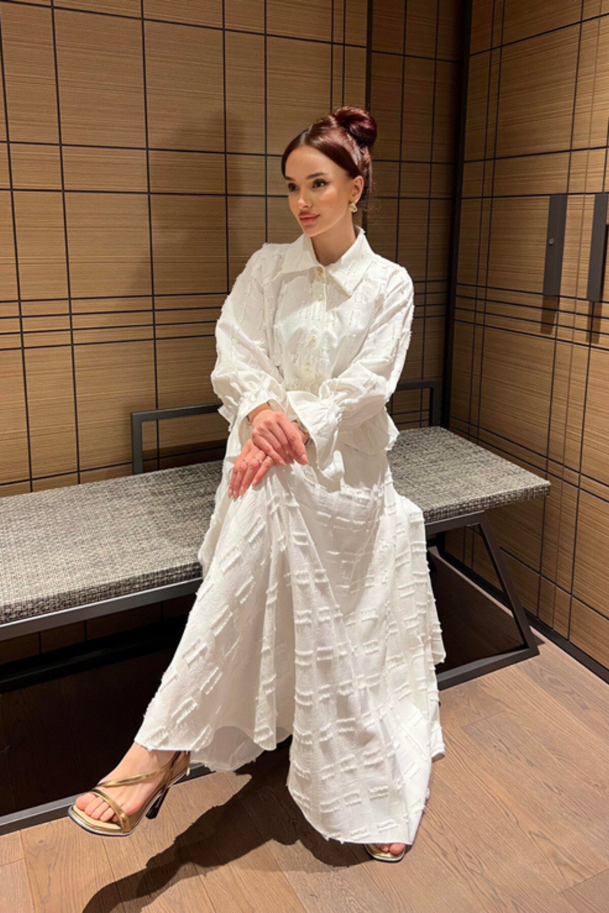 İnci Düğmeli Püsküllü Keten Takım - - Gömlek & Etek İkili Kombin - ALHABB