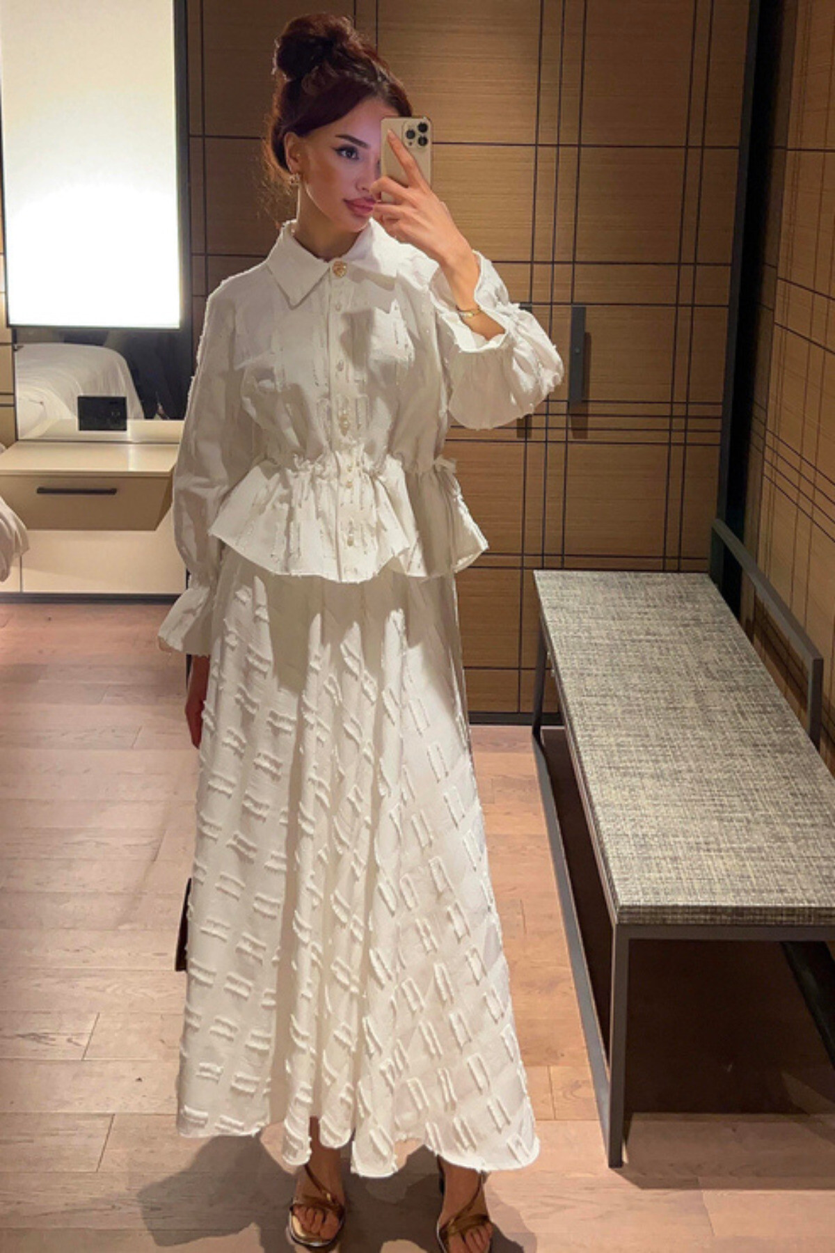 İnci Düğmeli Püsküllü Keten Takım - - Gömlek & Etek İkili Kombin - 2