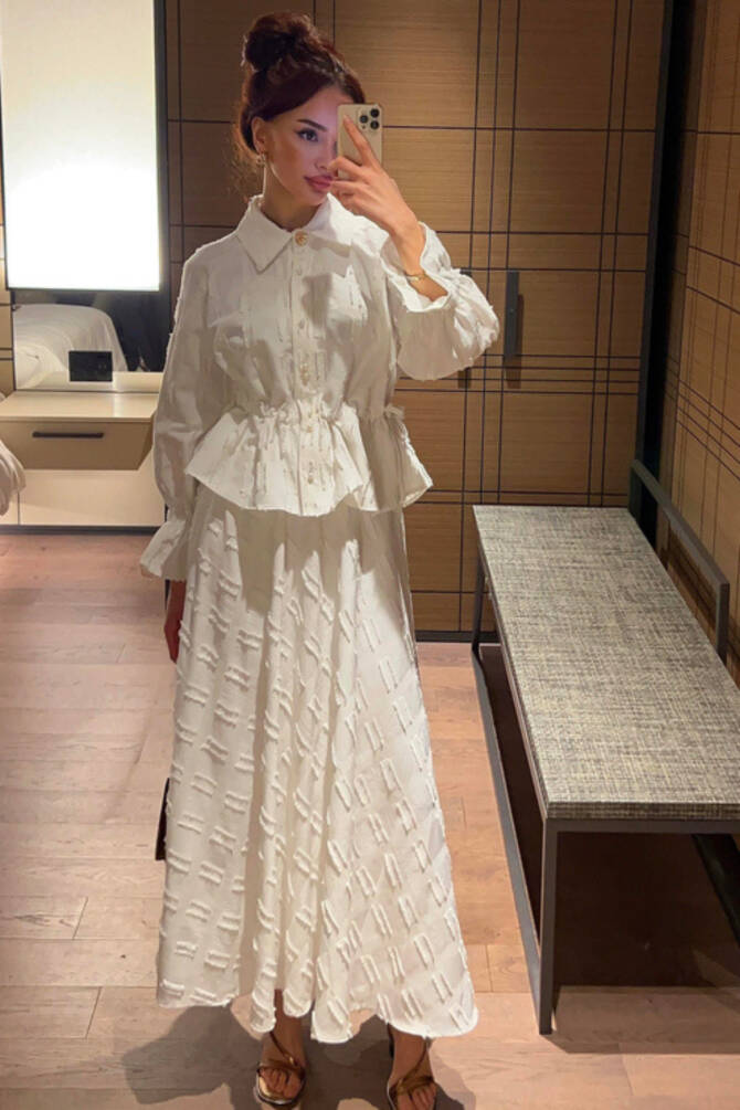 İnci Düğmeli Püsküllü Keten Takım - - Gömlek & Etek İkili Kombin - 2