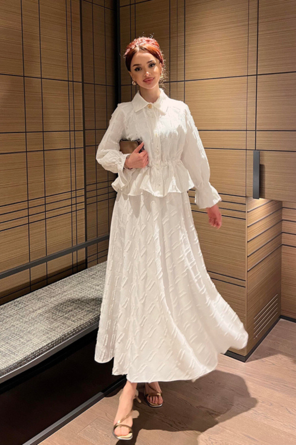 İnci Düğmeli Püsküllü Keten Takım - - Gömlek & Etek İkili Kombin - 3