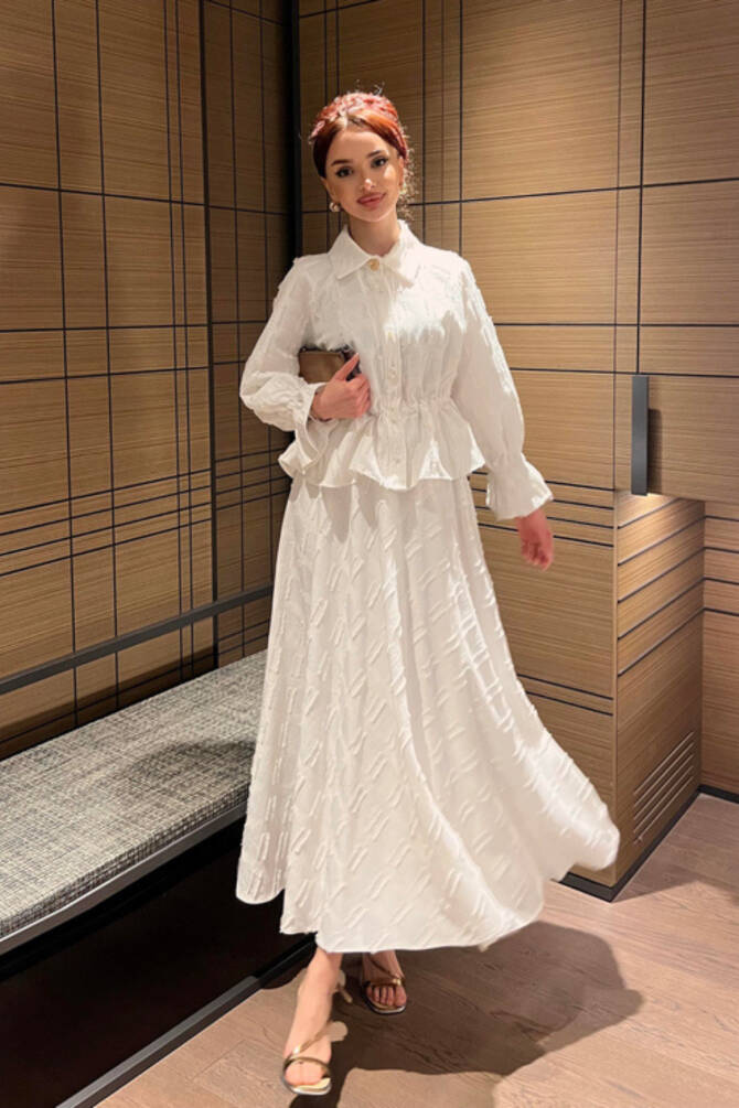 İnci Düğmeli Püsküllü Keten Takım - - Gömlek & Etek İkili Kombin - 3