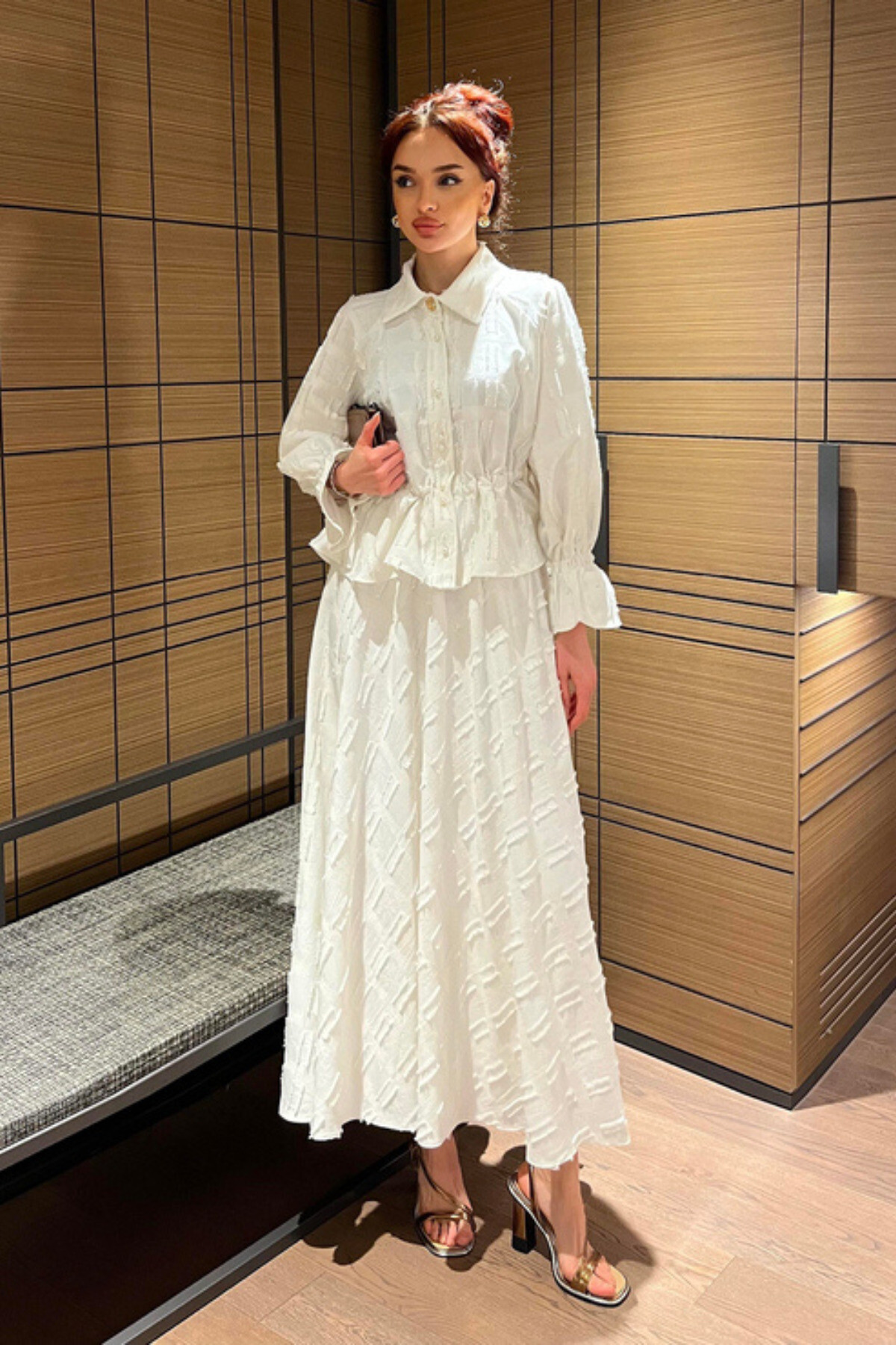 İnci Düğmeli Püsküllü Keten Takım - - Gömlek & Etek İkili Kombin - 4