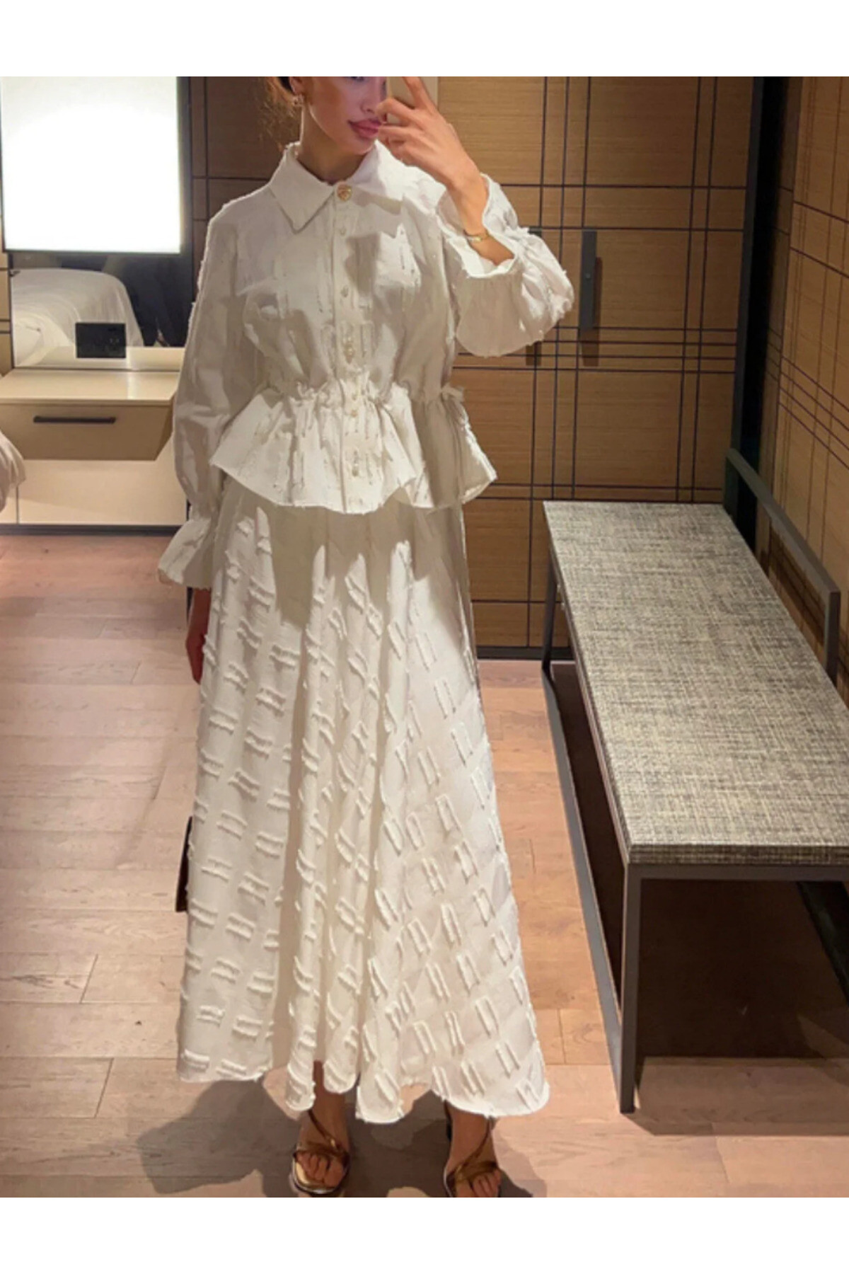 İnci Düğmeli Püsküllü Keten Takım - - Gömlek & Etek İkili Kombin - 5