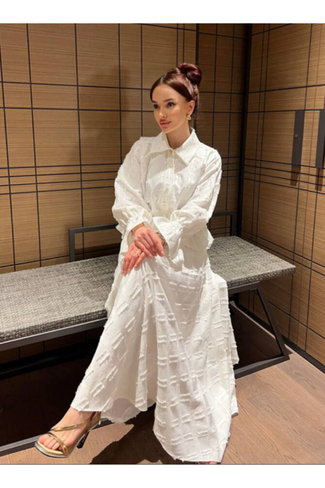 İnci Düğmeli Püsküllü Keten Takım - - Gömlek & Etek İkili Kombin - 6