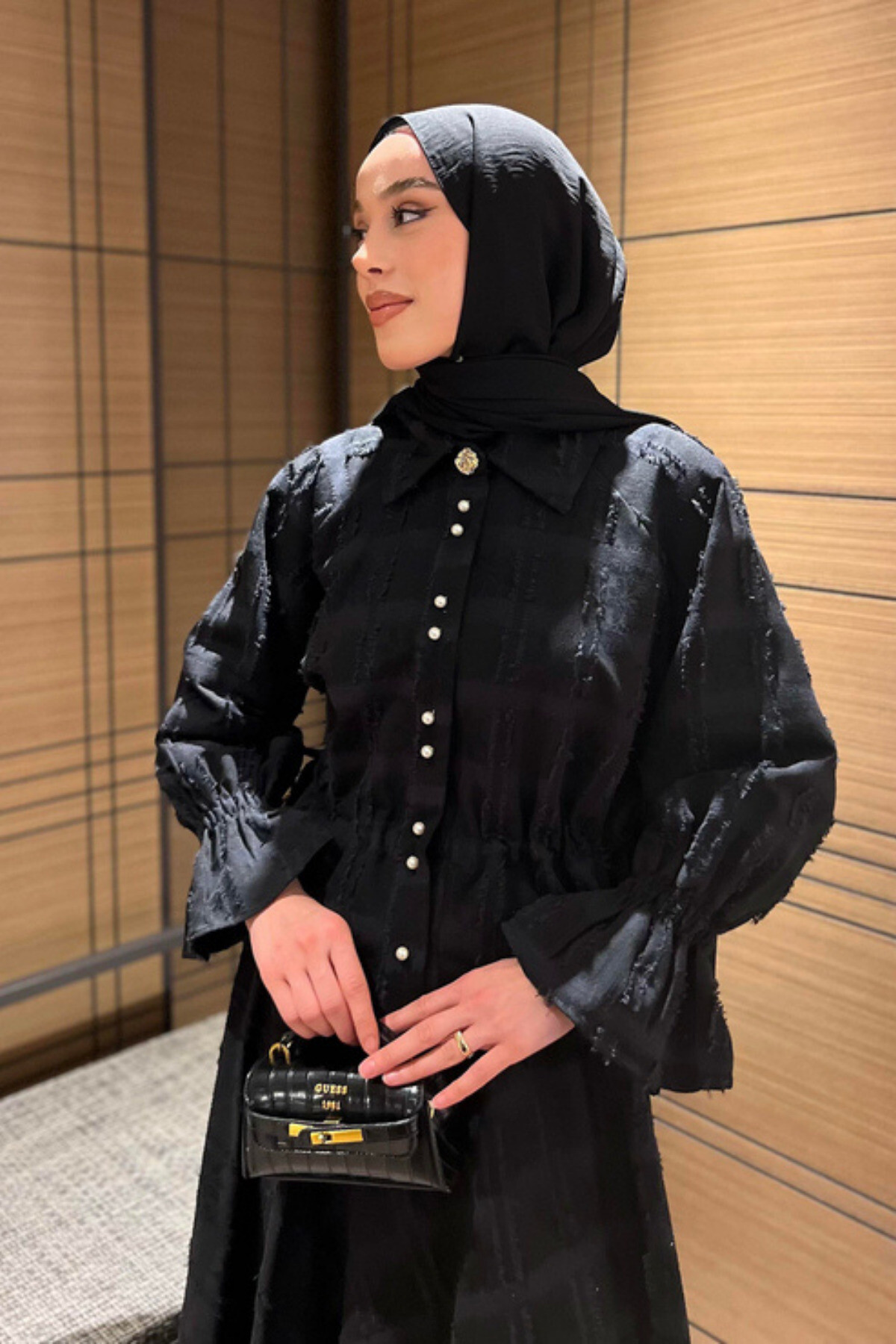 İnci Düğmeli Püsküllü Keten Takım - - Gömlek & Etek İkili Kombin - 7