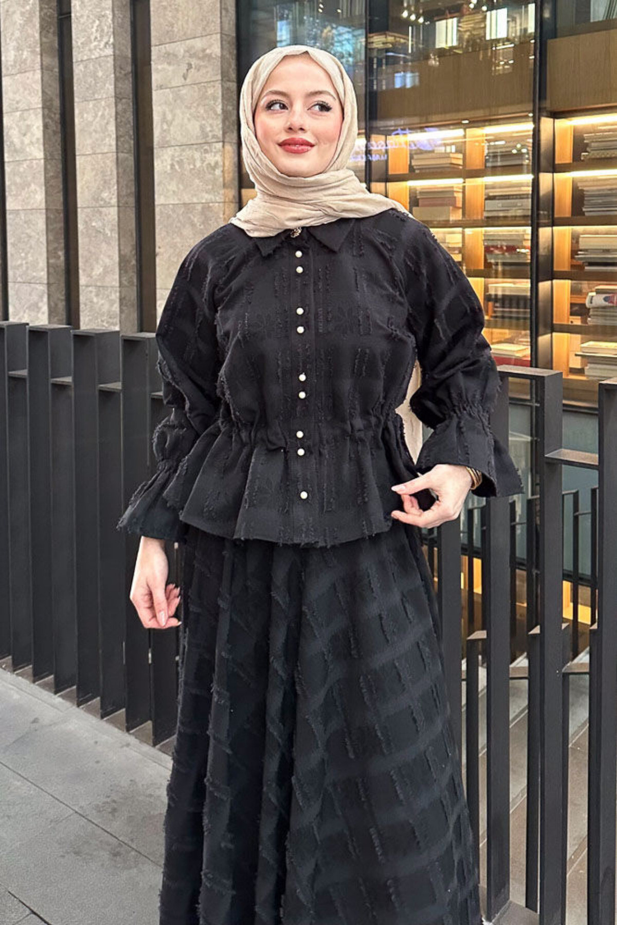 İnci Düğmeli Püsküllü Keten Takım - - Gömlek & Etek İkili Kombin - 8