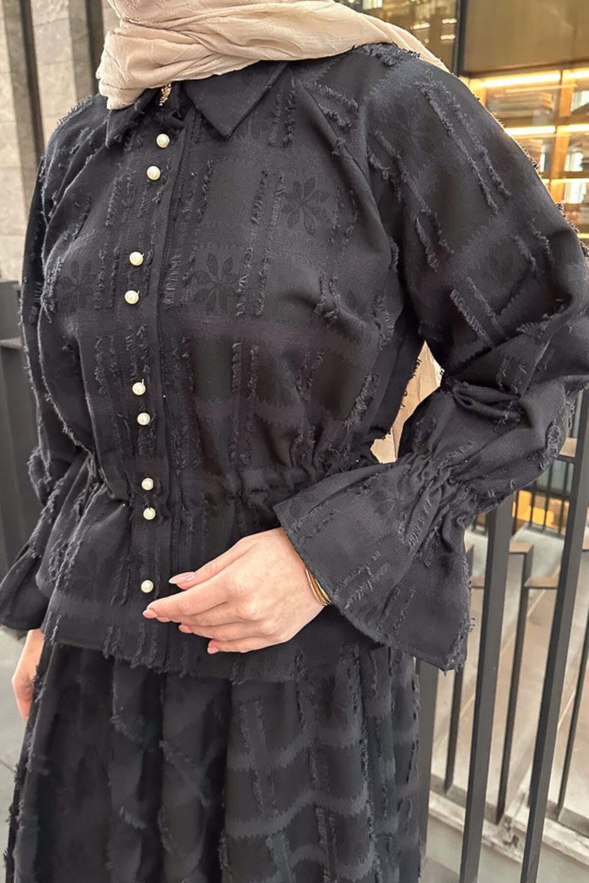 İnci Düğmeli Püsküllü Keten Takım - - Gömlek & Etek İkili Kombin - 9