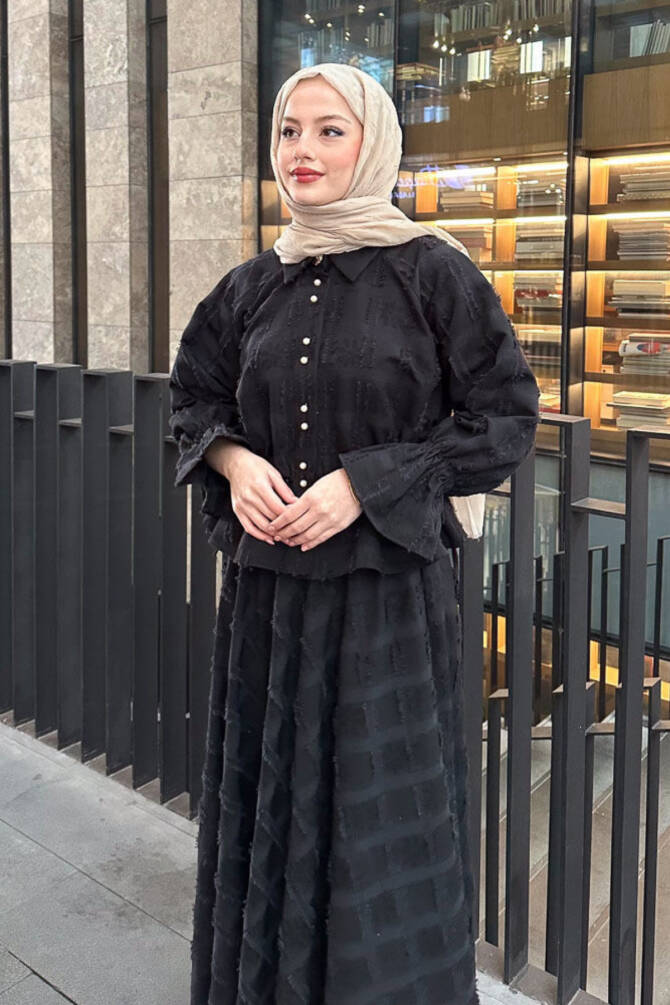 İnci Düğmeli Püsküllü Keten Takım - - Gömlek & Etek İkili Kombin - 10