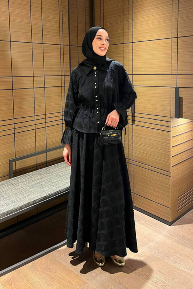 İnci Düğmeli Püsküllü Keten Takım - - Gömlek & Etek İkili Kombin - 11