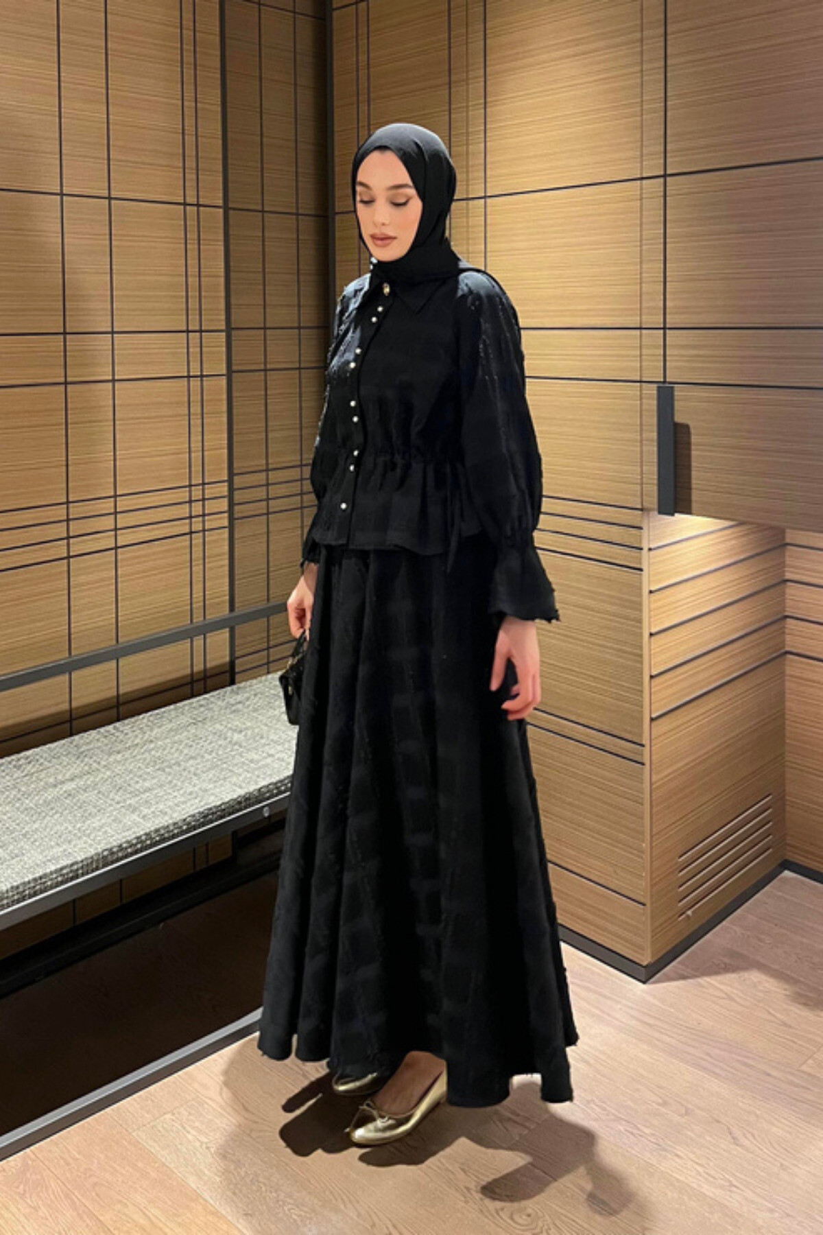 İnci Düğmeli Püsküllü Keten Takım - - Gömlek & Etek İkili Kombin - 12