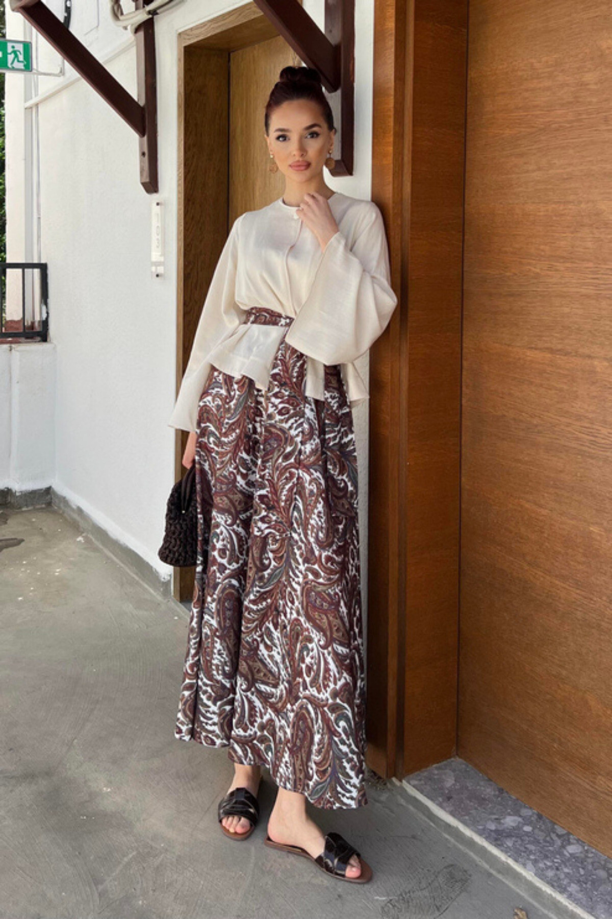 Kadın Krem Bluz & Etnik Desenli Maxi Etek Takım – Yazlık Şık Kombin - 8