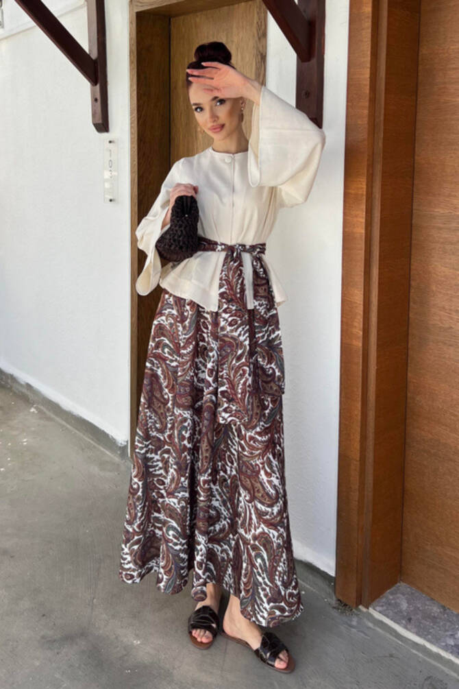 Kadın Krem Bluz & Etnik Desenli Maxi Etek Takım – Yazlık Şık Kombin - 9