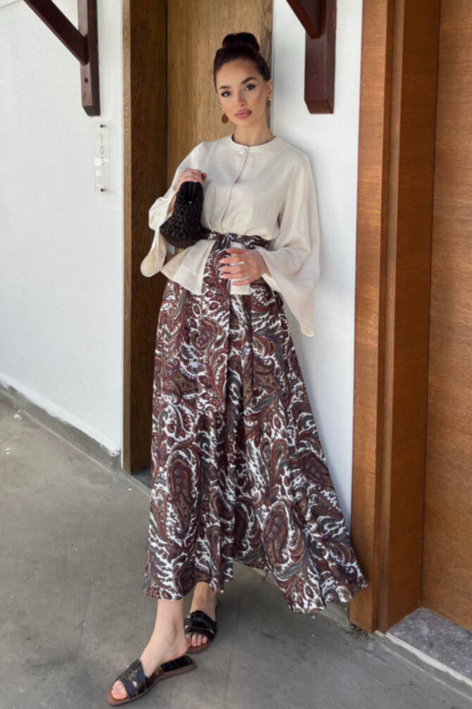 Kadın Krem Bluz & Etnik Desenli Maxi Etek Takım – Yazlık Şık Kombin - 10
