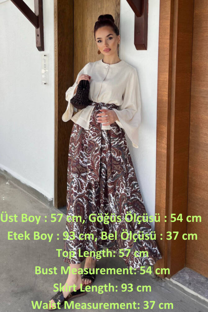 Kadın Krem Bluz & Etnik Desenli Maxi Etek Takım – Yazlık Şık Kombin - 11