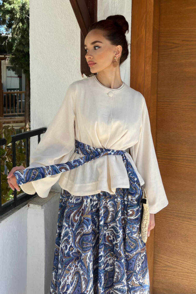 Kadın Krem Bluz & Etnik Desenli Maxi Etek Takım – Yazlık Şık Kombin - 1