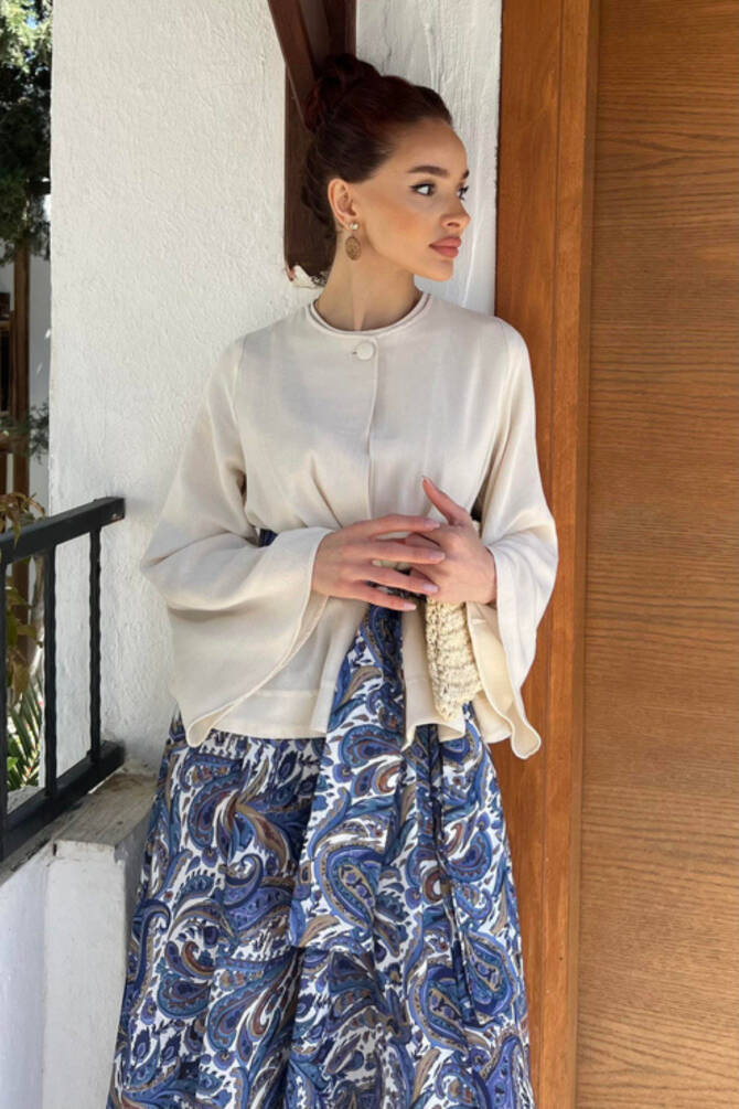 Kadın Krem Bluz & Etnik Desenli Maxi Etek Takım – Yazlık Şık Kombin - 2