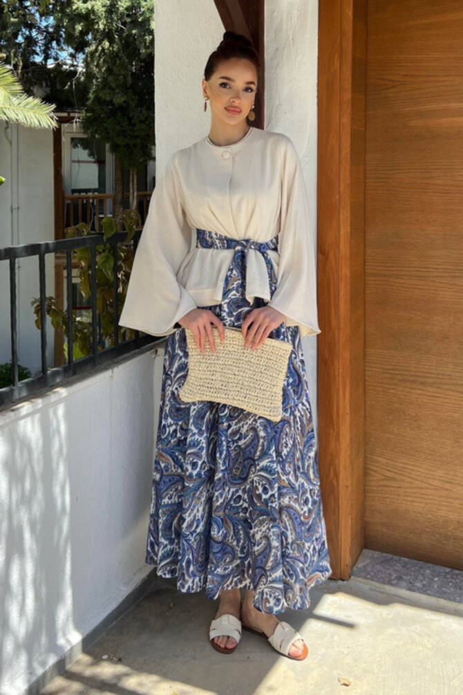 Kadın Krem Bluz & Etnik Desenli Maxi Etek Takım – Yazlık Şık Kombin - 3