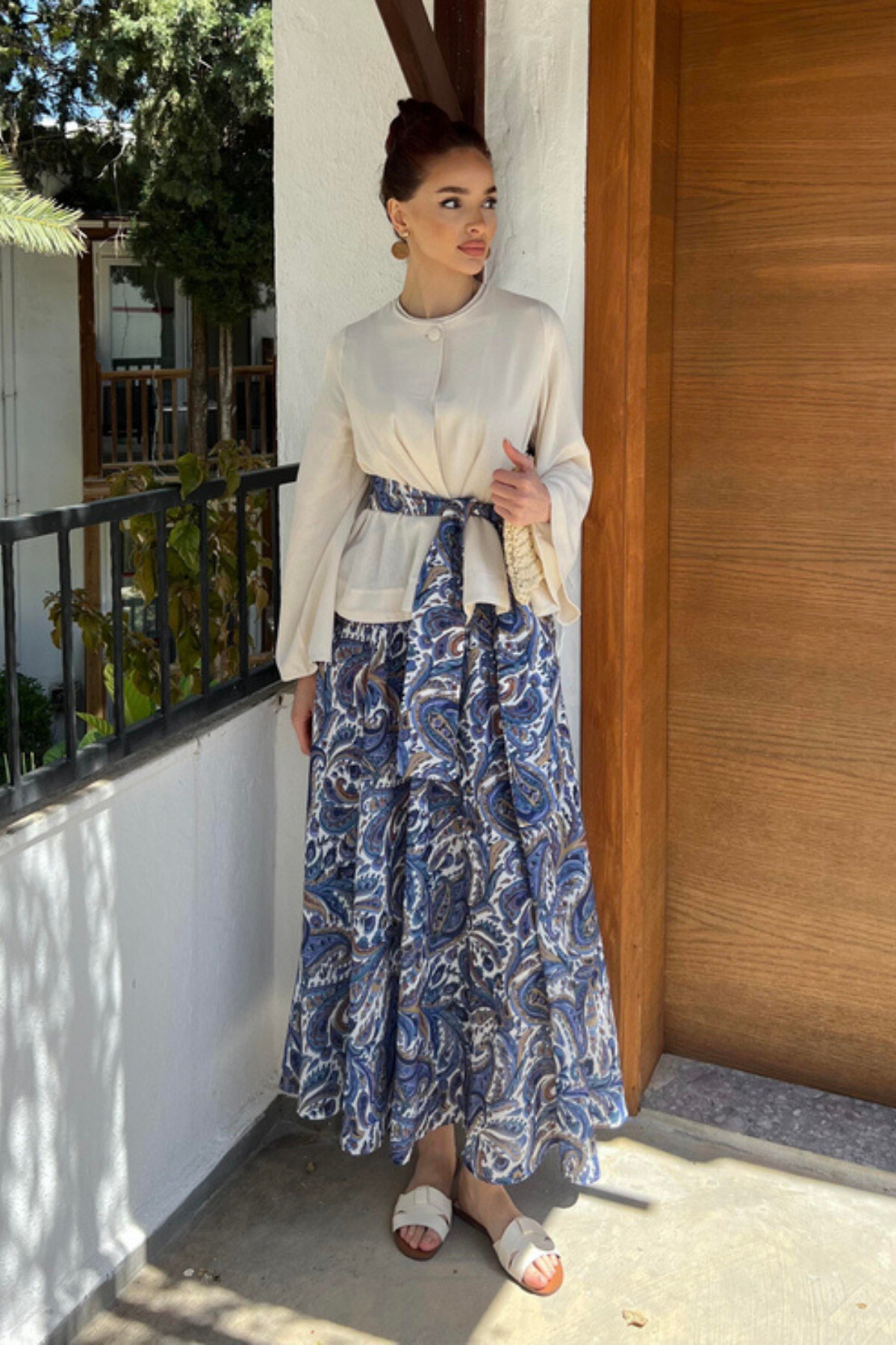 Kadın Krem Bluz & Etnik Desenli Maxi Etek Takım – Yazlık Şık Kombin - 4