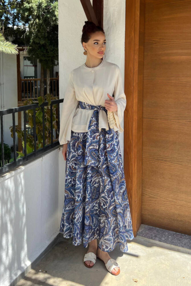 Kadın Krem Bluz & Etnik Desenli Maxi Etek Takım – Yazlık Şık Kombin - 4