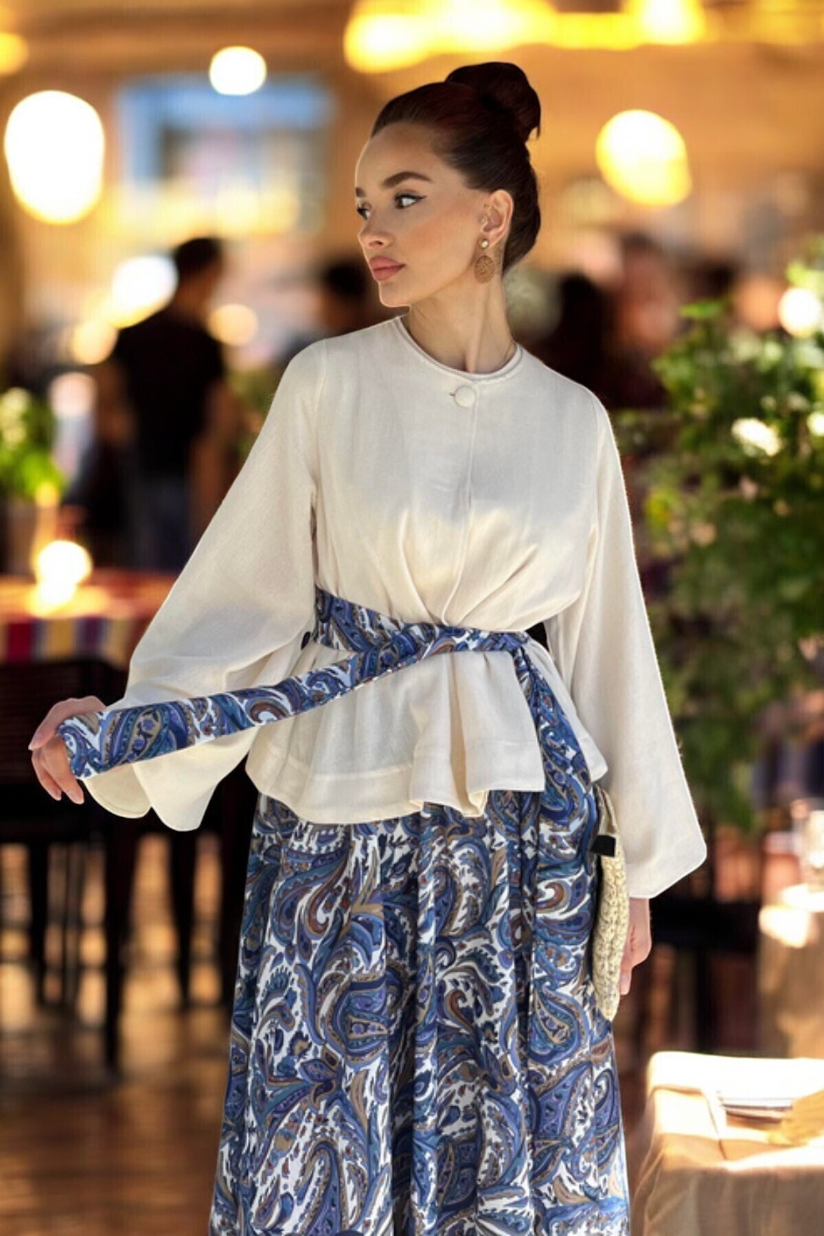 Kadın Krem Bluz & Etnik Desenli Maxi Etek Takım – Yazlık Şık Kombin - 5