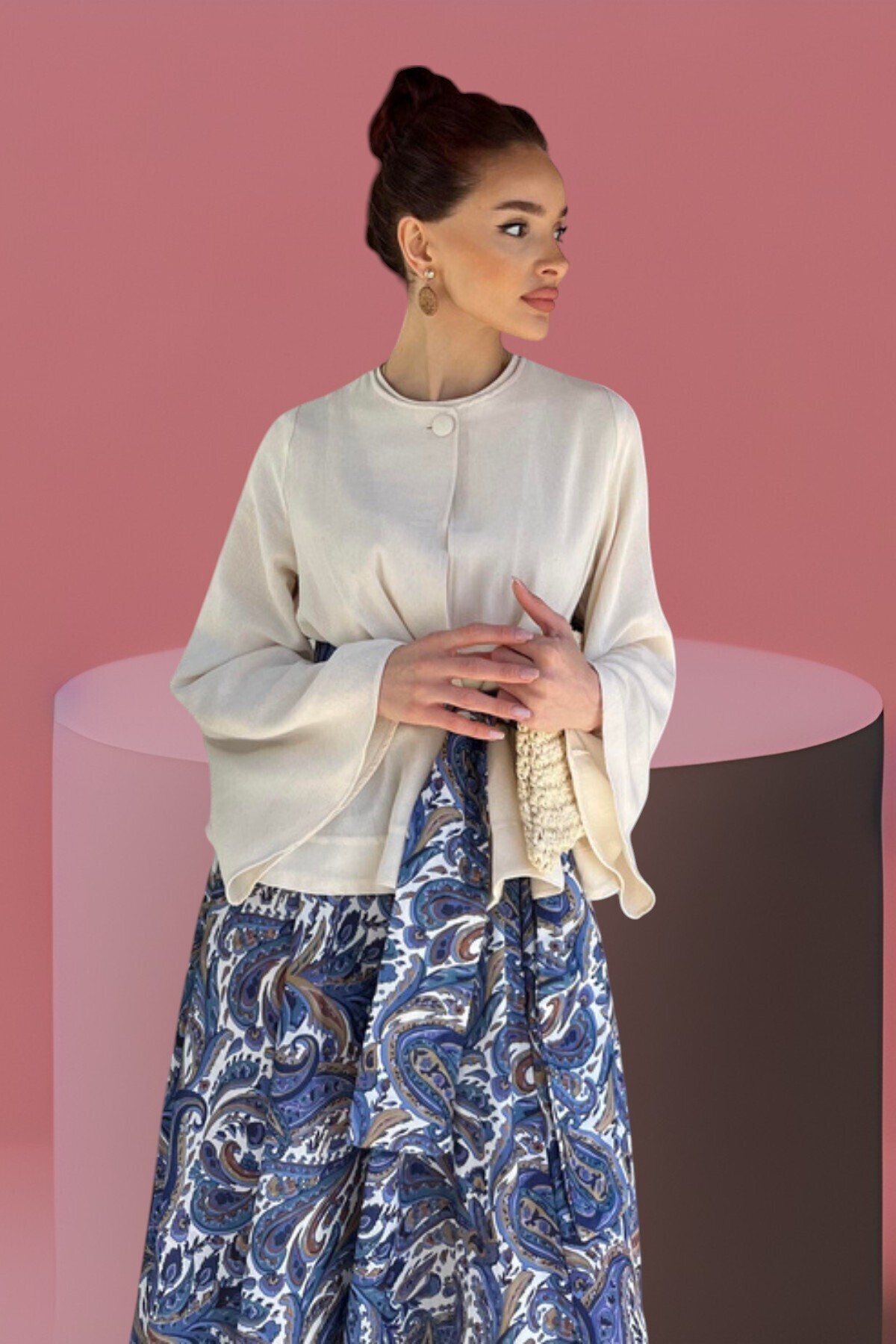 Kadın Krem Bluz & Etnik Desenli Maxi Etek Takım – Yazlık Şık Kombin - 6