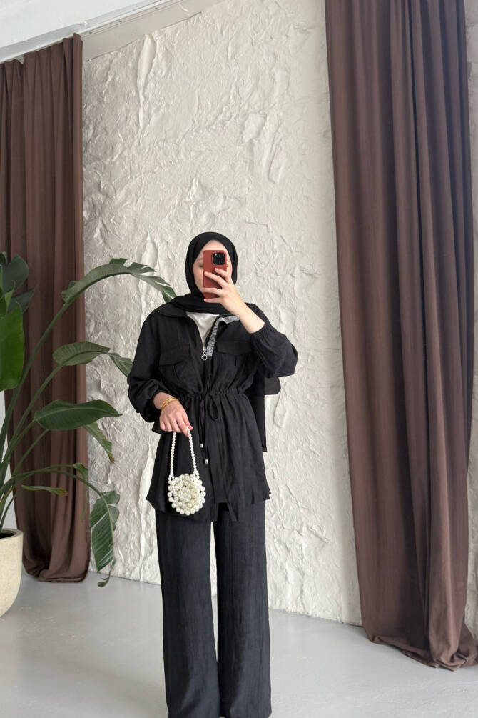 Kadın Kuşaklı İkili Takım - Yazlık Rahat Dokuma Kumaş - 3