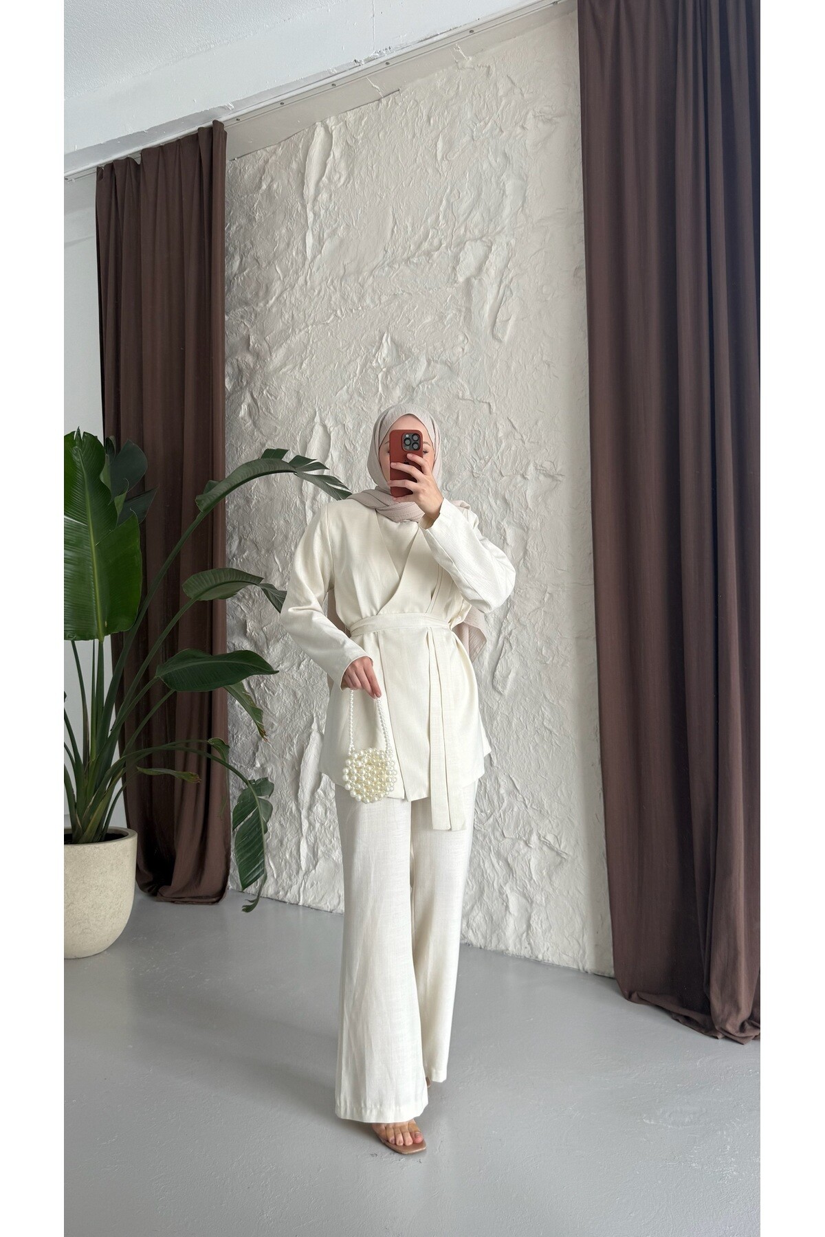 Kuşaklı Keten Takım - Ekru - ALHABB