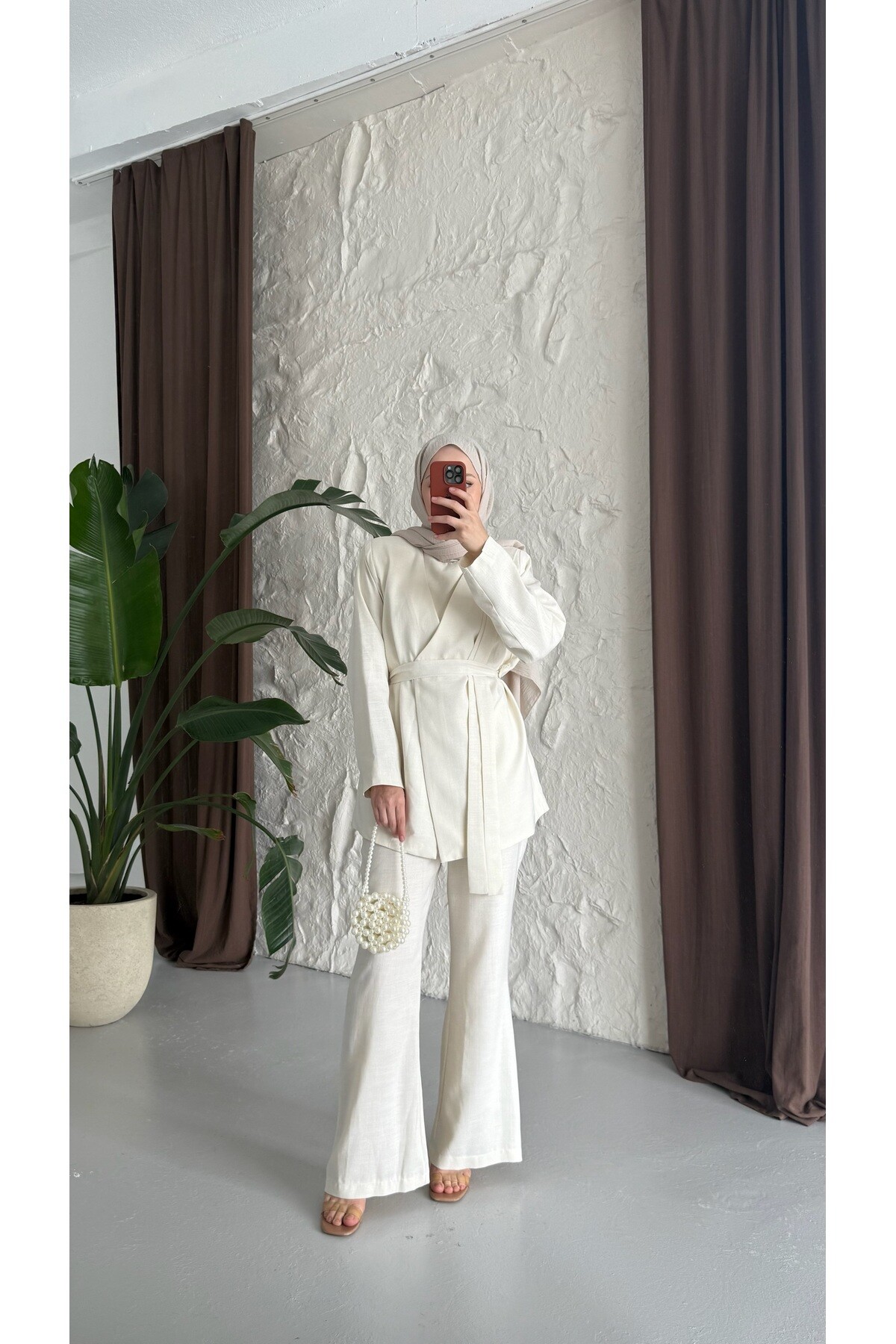 Kuşaklı Keten Takım - Ekru - 2