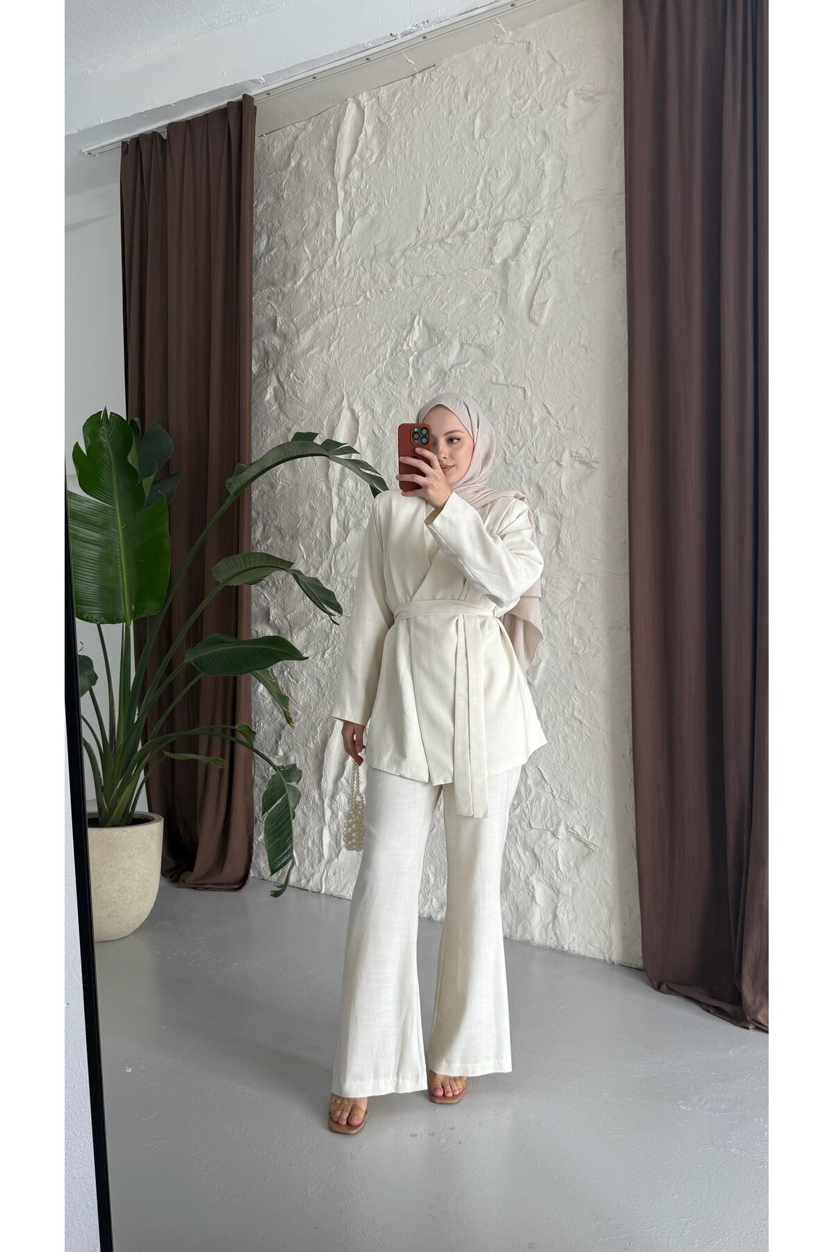 Kuşaklı Keten Takım - Ekru - 3