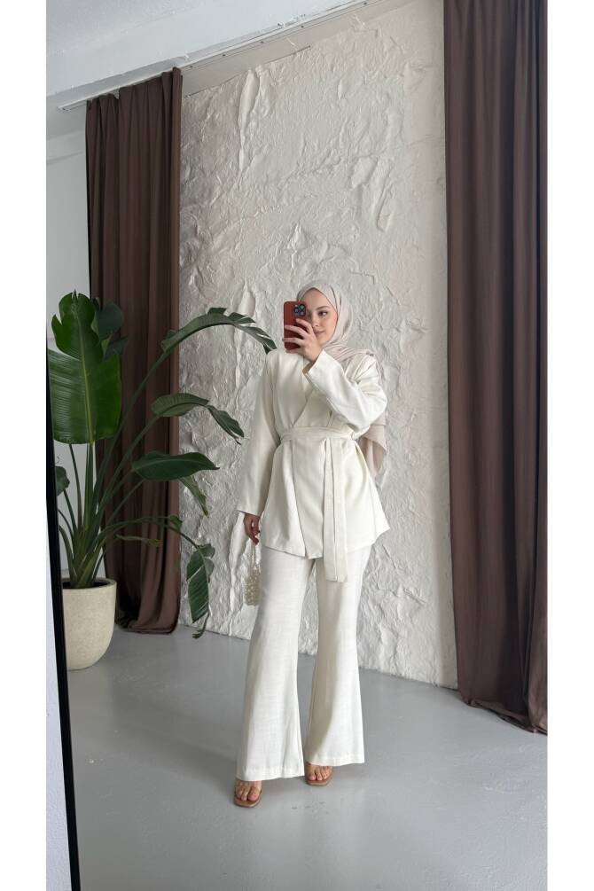 Kuşaklı Keten Takım - Ekru - 3