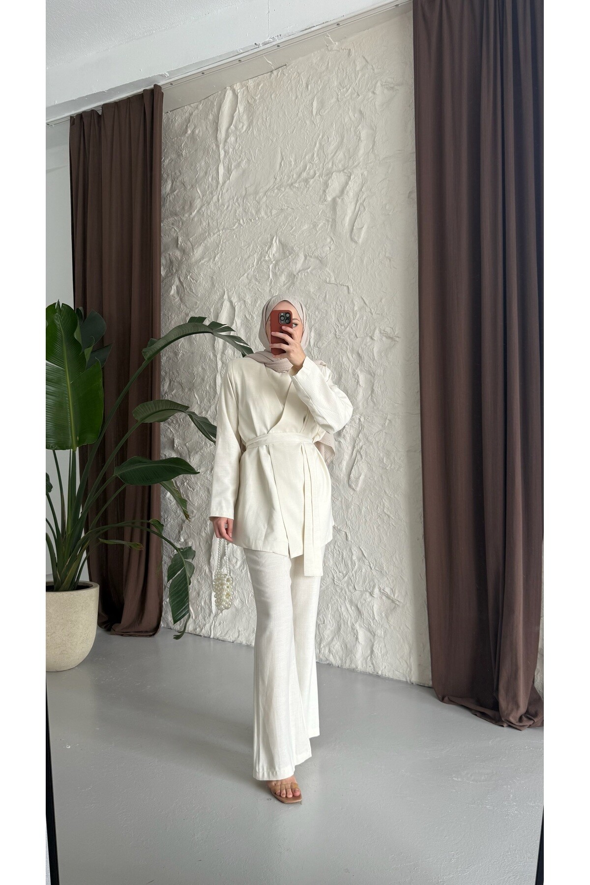 Kuşaklı Keten Takım - Ekru - 4