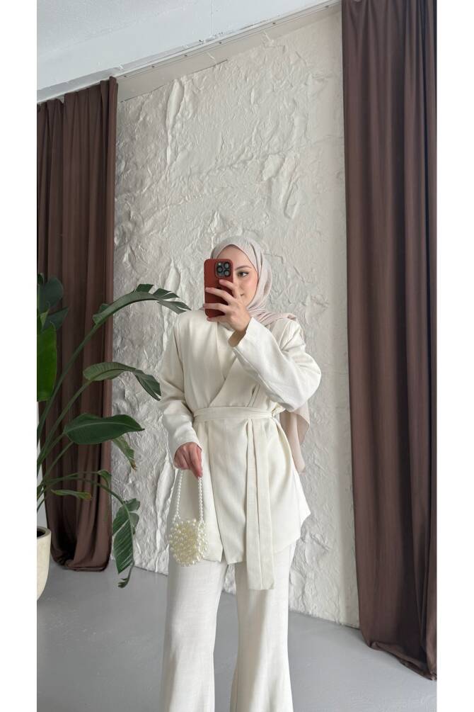Kuşaklı Keten Takım - Ekru - 5