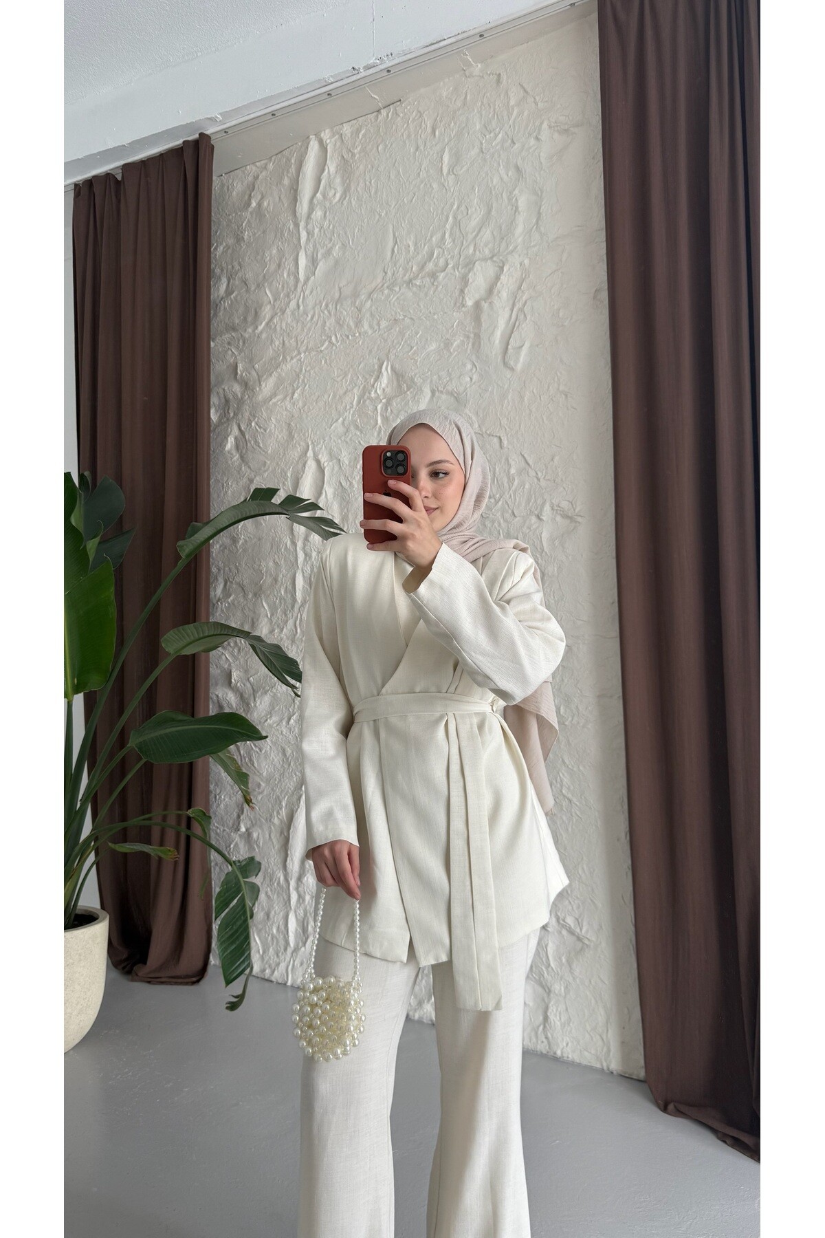 Kuşaklı Keten Takım - Ekru - 6