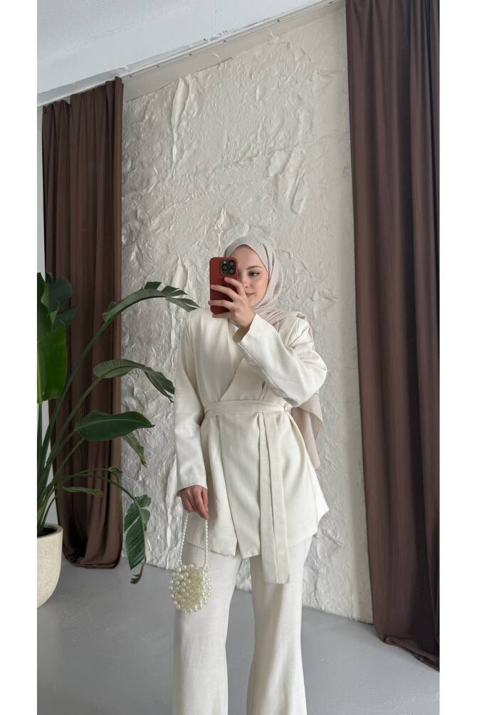 Kuşaklı Keten Takım - Ekru - 6