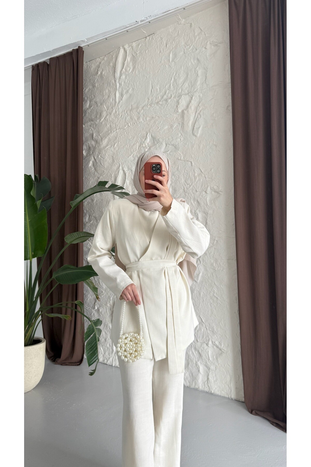 Kuşaklı Keten Takım - Ekru - 7