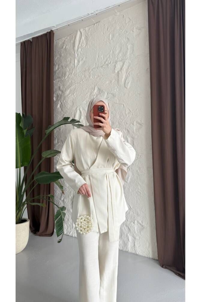 Kuşaklı Keten Takım - Ekru - 7