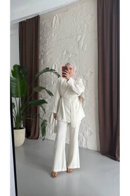 Kuşaklı Keten Takım - Ekru - 3