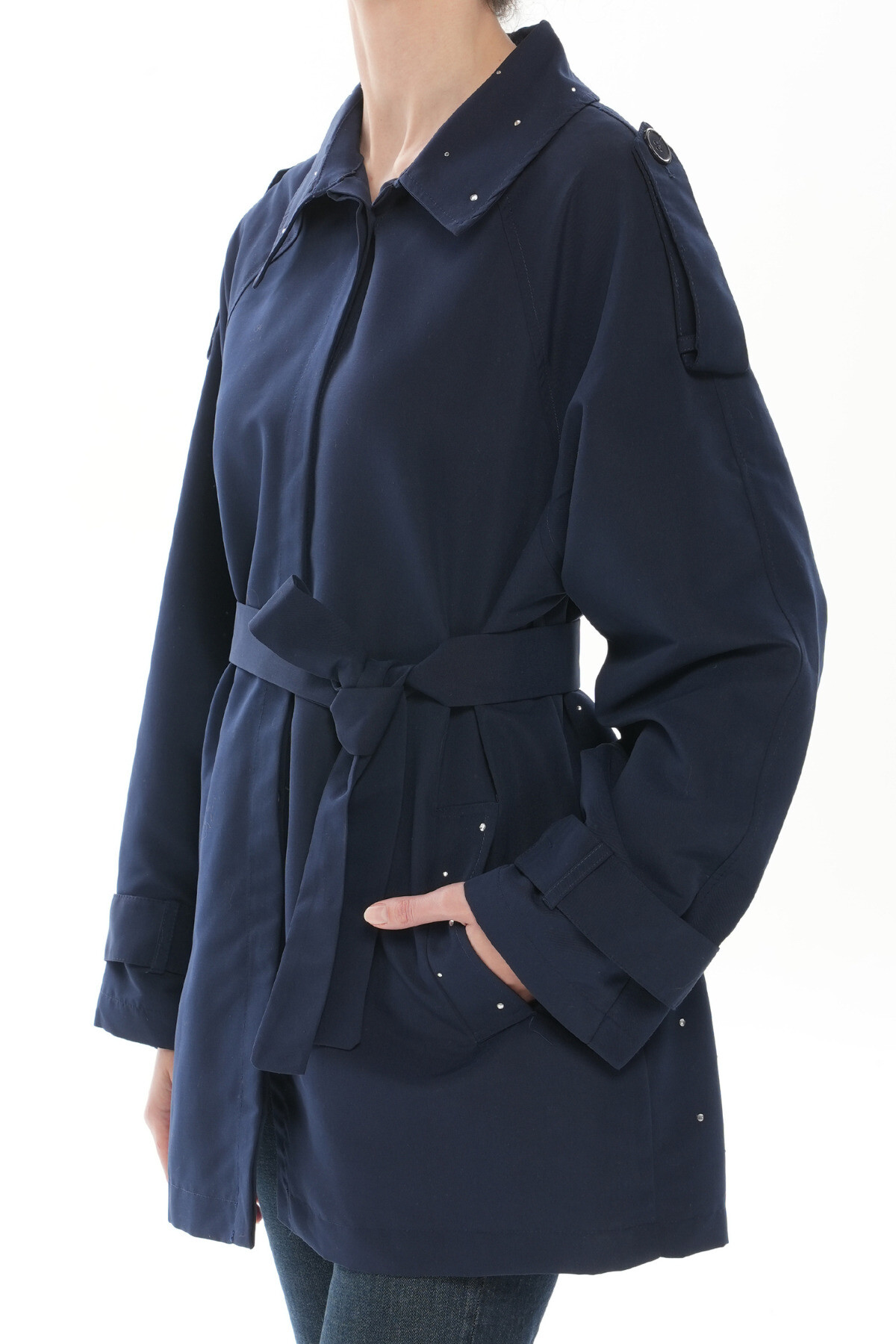 Lacivert Şık Taş Detaylı Kemerli Kadın Trençkot – Şık ve Modern Tasarım - ALHABB