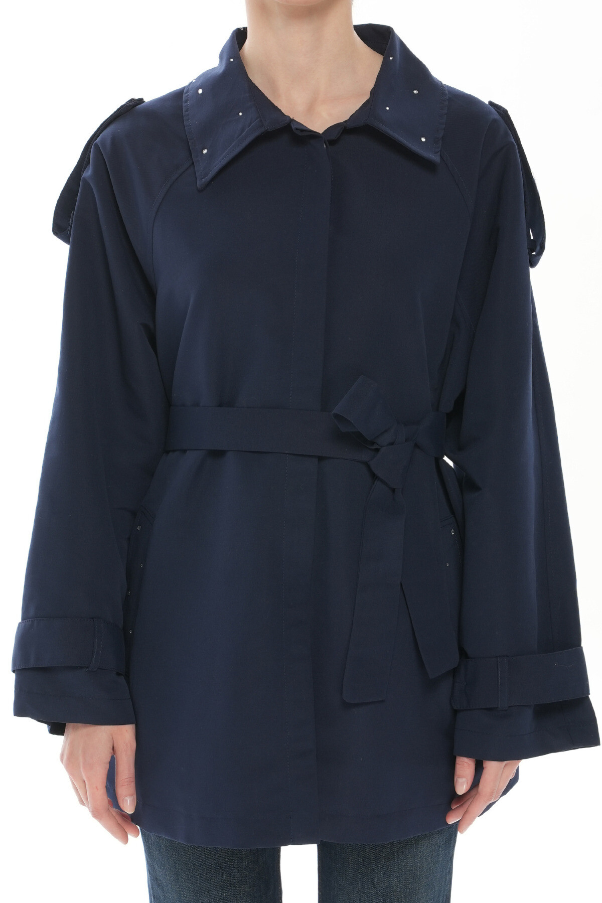 Lacivert Şık Taş Detaylı Kemerli Kadın Trençkot – Şık ve Modern Tasarım - 2