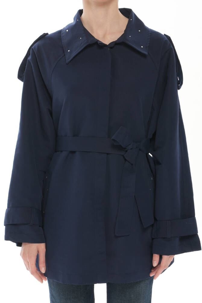 Lacivert Şık Taş Detaylı Kemerli Kadın Trençkot – Şık ve Modern Tasarım - 2