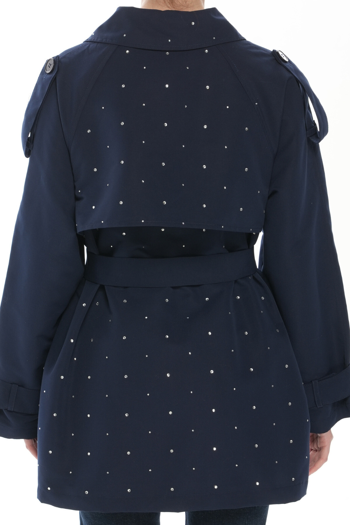 Lacivert Şık Taş Detaylı Kemerli Kadın Trençkot – Şık ve Modern Tasarım - 3