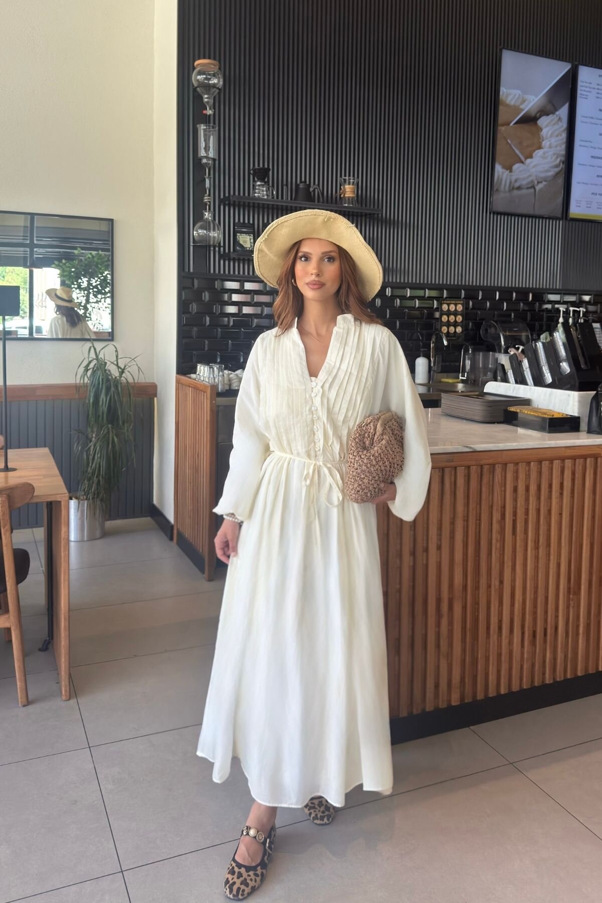 Ekru Lina Pliseli Yazlık Elbise - 3