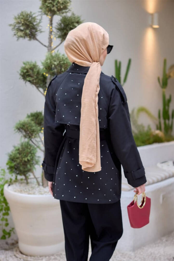 Siyah Şık Taş Detaylı Kemerli Kadın Trençkot – Şık ve Modern Tasarım - 3