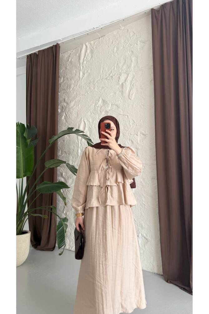 Yazlık Tesettür Kombin | Fırfır Detaylı Etekli İkili Takım - 3