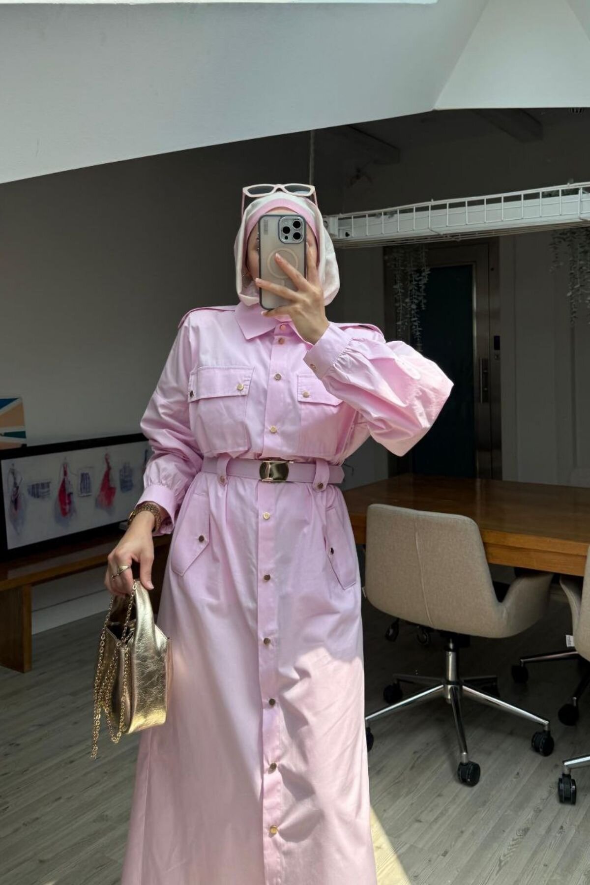 Pembe Cepli Zerafet Gömlek Elbise - 2
