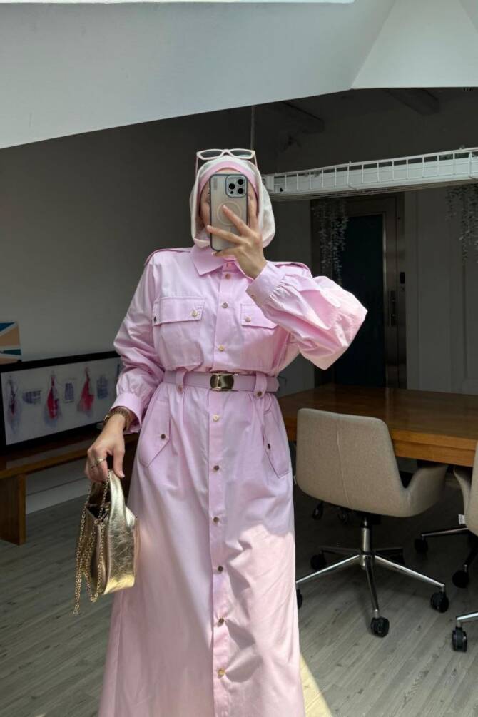 Pembe Cepli Zerafet Gömlek Elbise - 2
