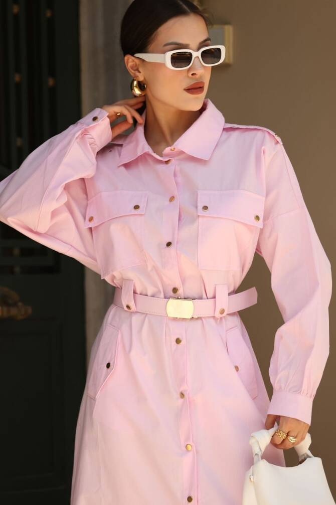 Pembe Cepli Zerafet Gömlek Elbise - 3
