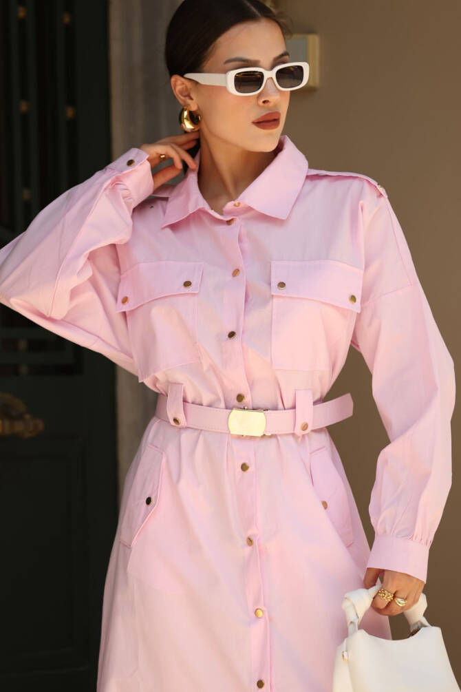 Zerafet Gömlek Elbise - Kuşaklı, Cepli, Düğmeli, Modern Kadın Elbisesi - 1