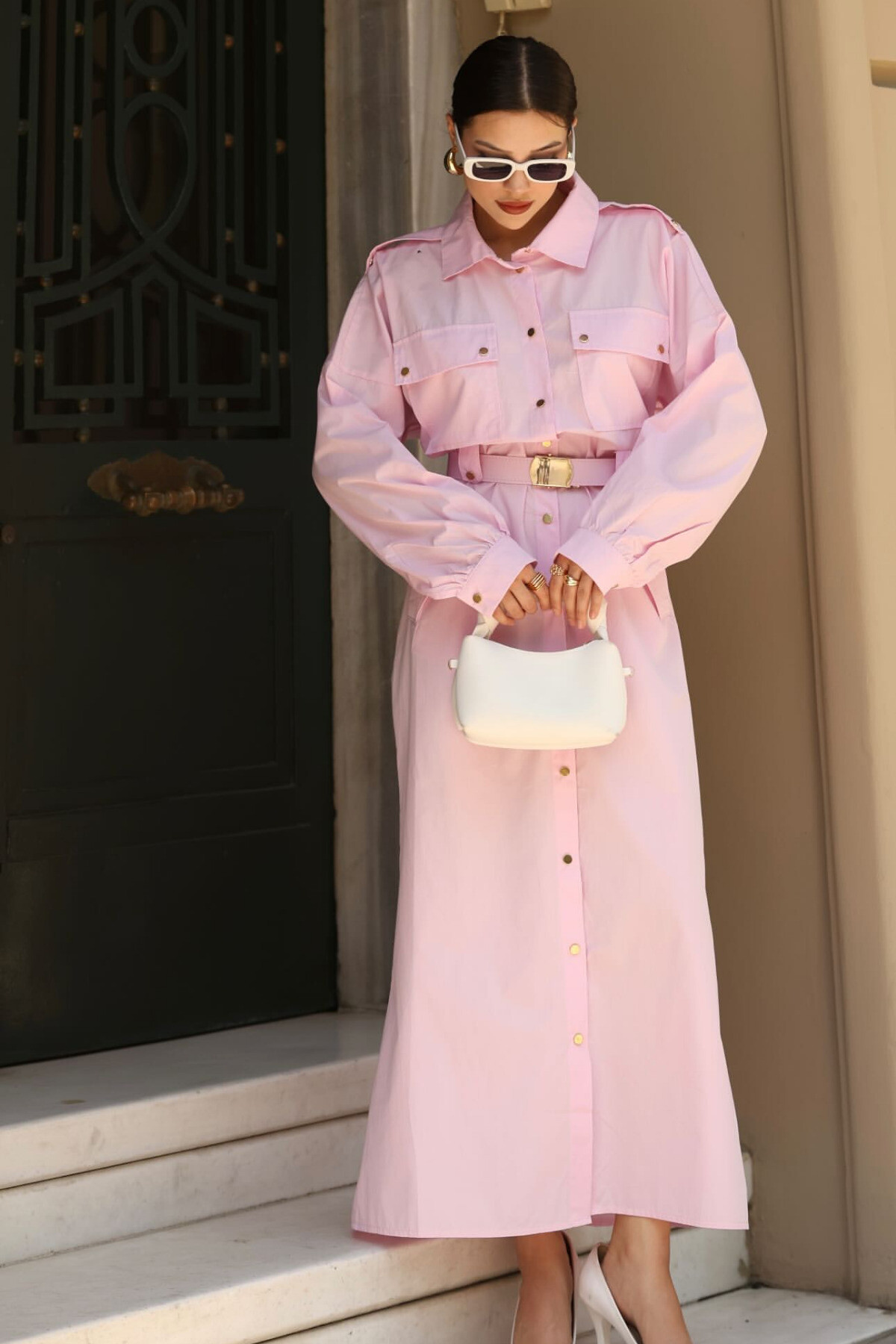 Zerafet Gömlek Elbise - Kuşaklı, Cepli, Düğmeli, Modern Kadın Elbisesi - 2