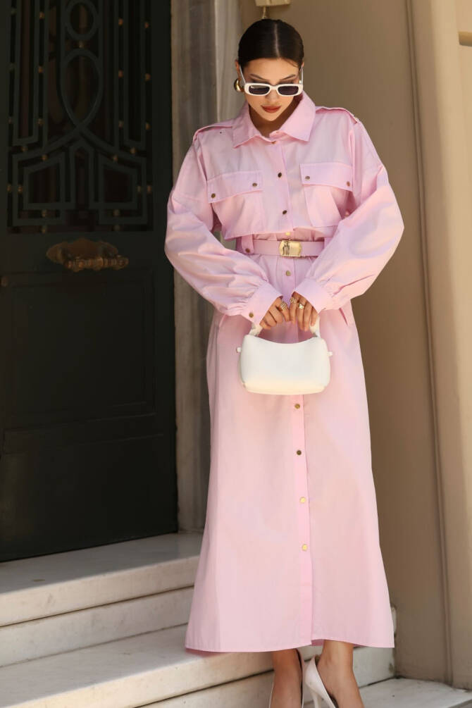 Zerafet Gömlek Elbise - Kuşaklı, Cepli, Düğmeli, Modern Kadın Elbisesi - 2